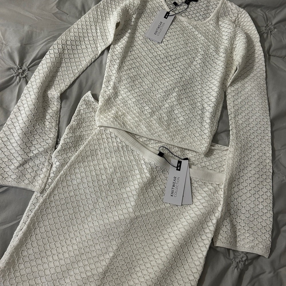 Dynamite Knitwear Collection Ivory Textured Knit Top & Skirt Set
